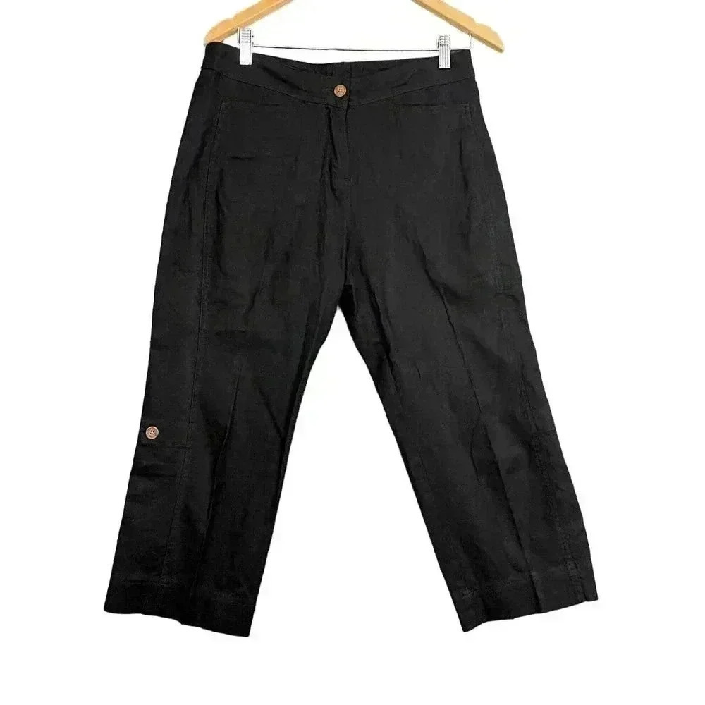 Woolrich Black Linen Cotton Capri Pants Sz 6 Style 1210 Casual Pockets Women's